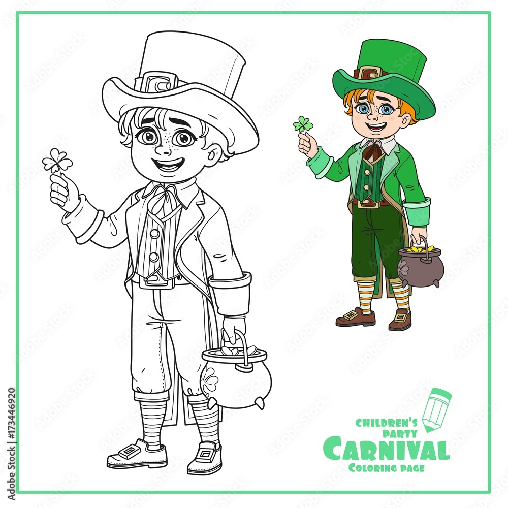 Cute boy in leprechaun costume with a pot of gold color and outlined for coloring page vector