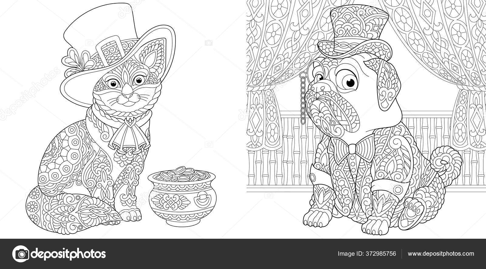 Animal coloring pages leprechaun cat gold pot pug dog retro stock vector by sybirko