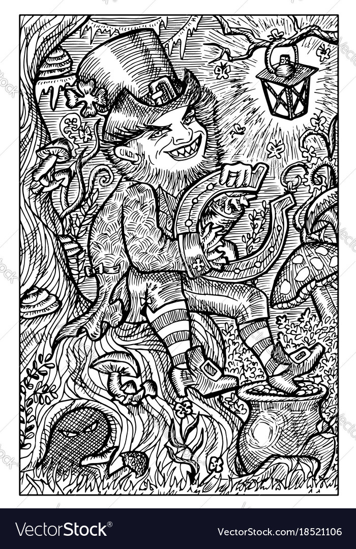 Leprechaun and pot with gold engraved fantasy vector image