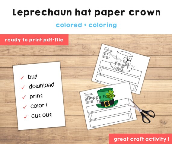 Leprechaun hat paper crown headband st patricks day party coloring printable kids craft costume printable favor diy instant download