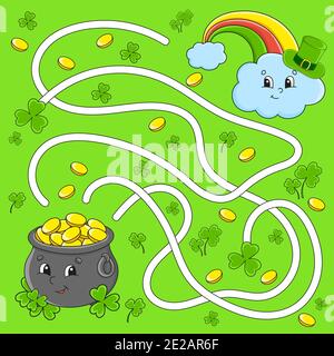 Funny maze for kids pot rainbow st patricks day puzzle for children cartoon character labyrinth conundrum color vector illustration find the stock vector image art