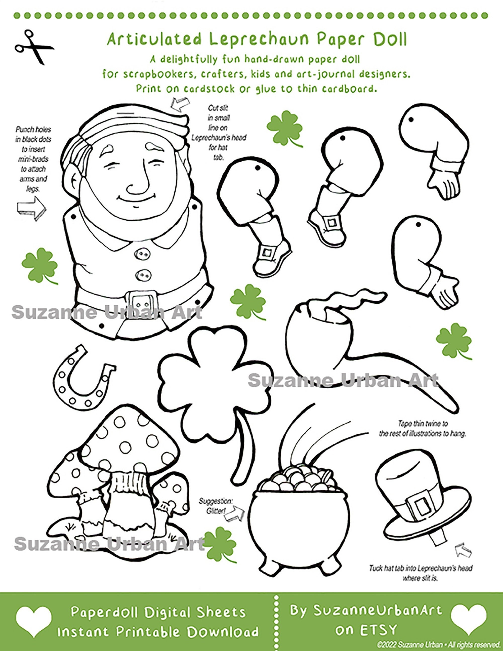 Whimsical leprechaun articulated paper doll digital download