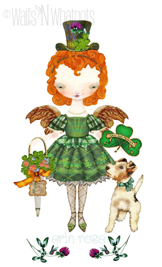 Saint patricks day articulated paper doll irish girl leprechaun puppy dog art tags printable collage sheets instant download