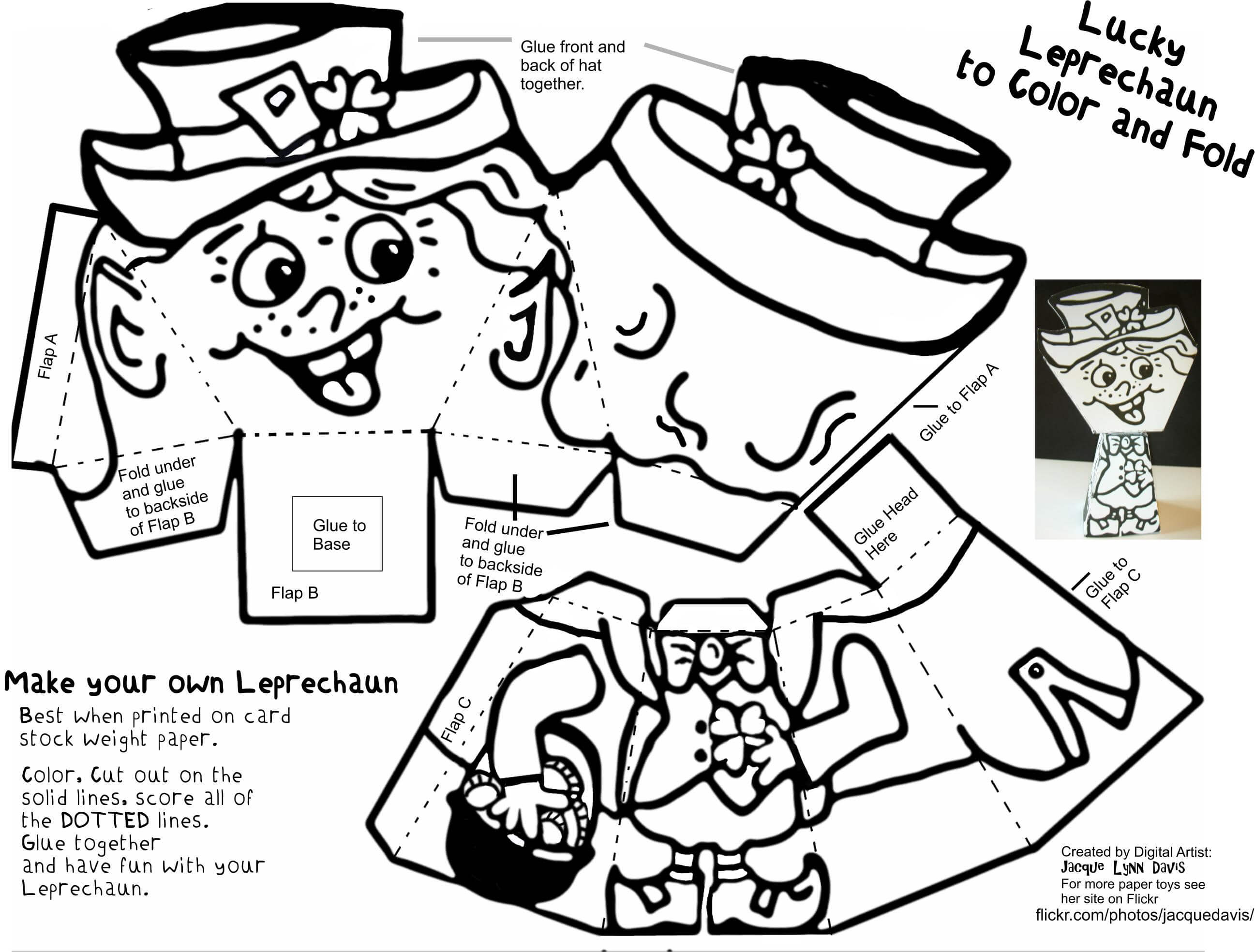 Lucky leprechaun paper to to fold and color free printable papercraft templates