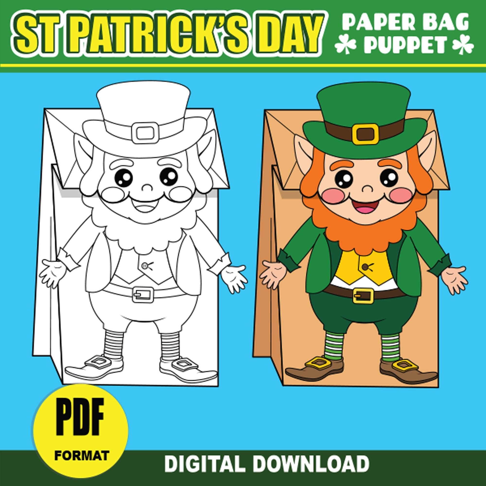 Leprechaun paper bag puppet st patricks day activity craft for kids printable diy puppet for classroom party or puppet show