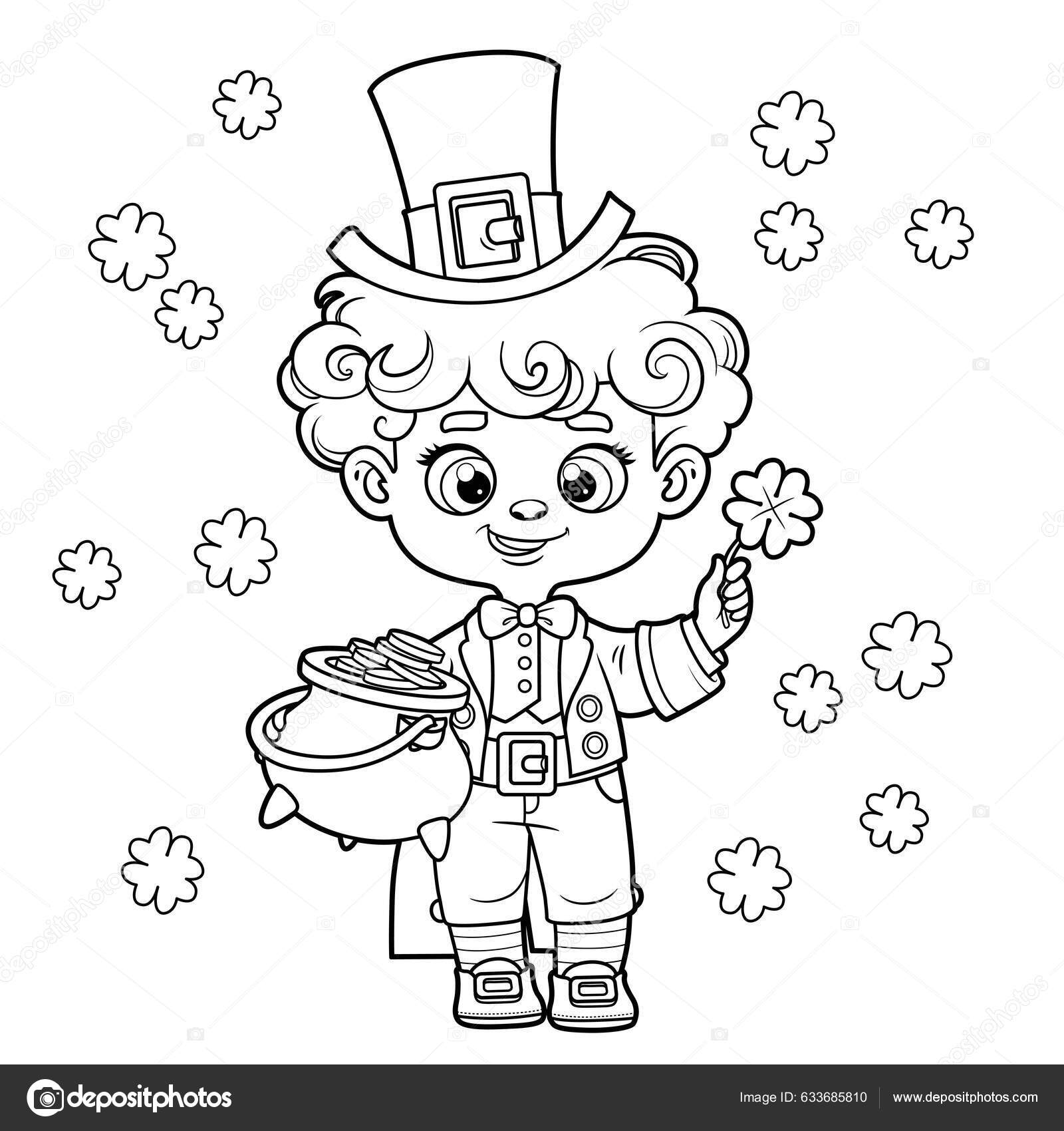 Cute cartoon leprechaun boy pot gold outlined coloring page white stock vector by yadviga