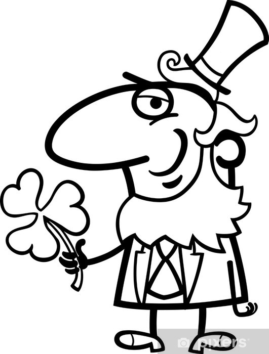 Sticker leprechaun with clover cartoon for coloring