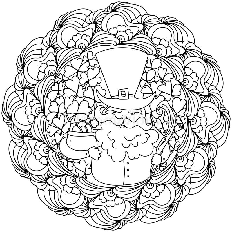 Mandala with leprechaun coloring page with patterns and clover for st patrick s day stock vector