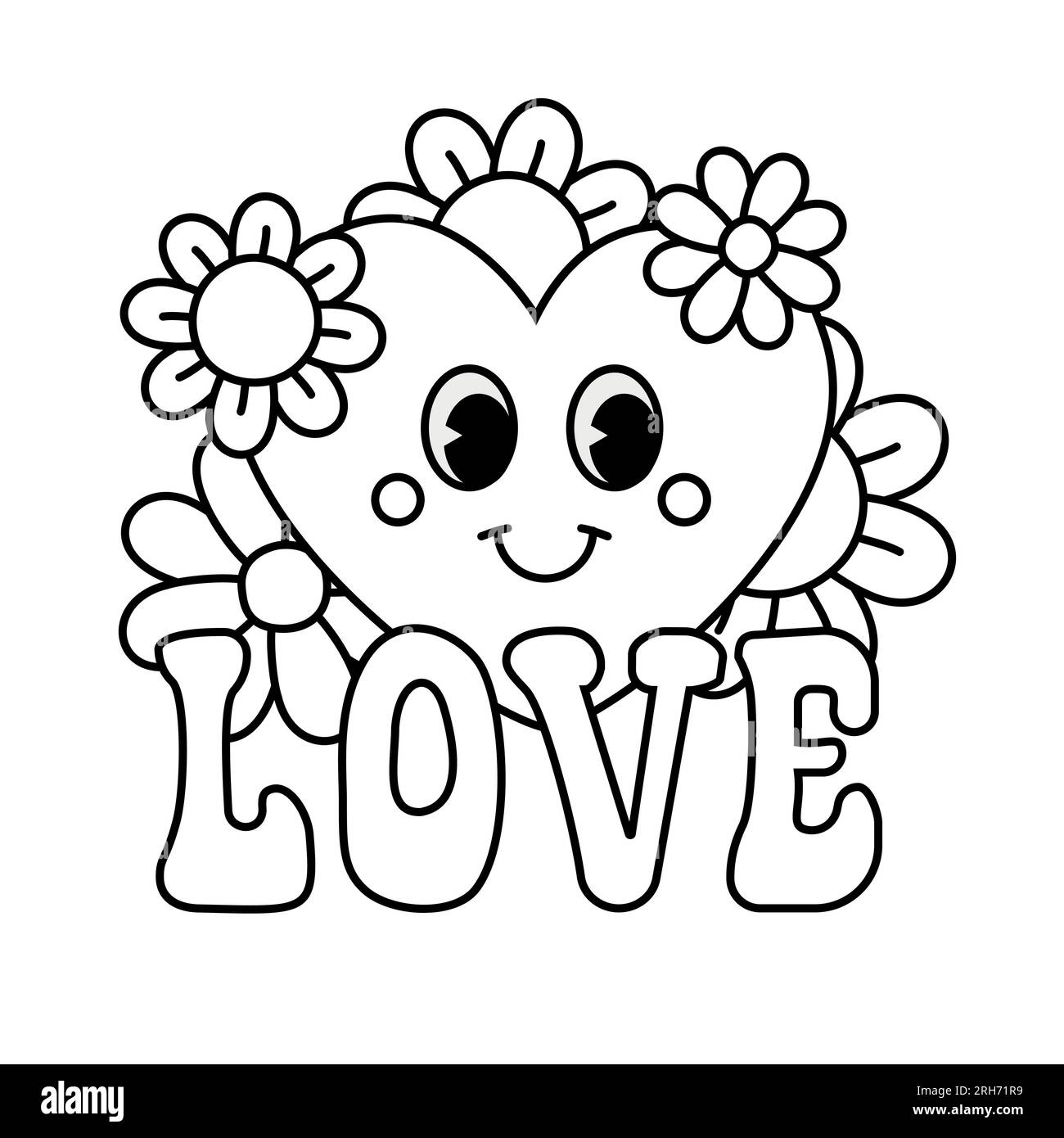 Vector retro groovy impriãn con letras de amor corazãn y flor aisladas sobre fondo blanco imagen vector de stock