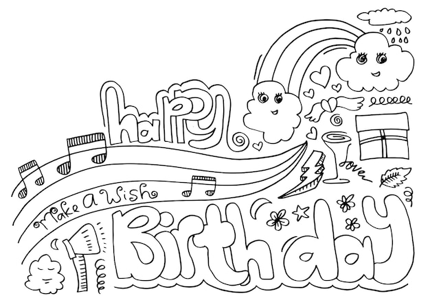 Banner de texto con letras de feliz cumpleaãos con nub corazãn regalos notas musical color negro vector premium