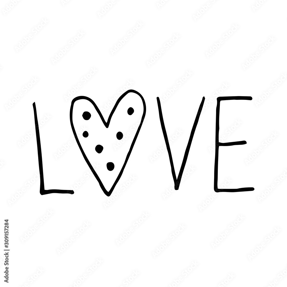 Heart with text vector doodle illustration love st valentines day sticker icon coloring page lettering vector de