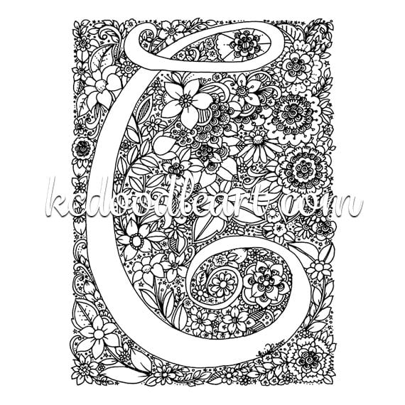 Descarga digital instantãnea pãgina para colorear para adultos letra c con diseãos florales