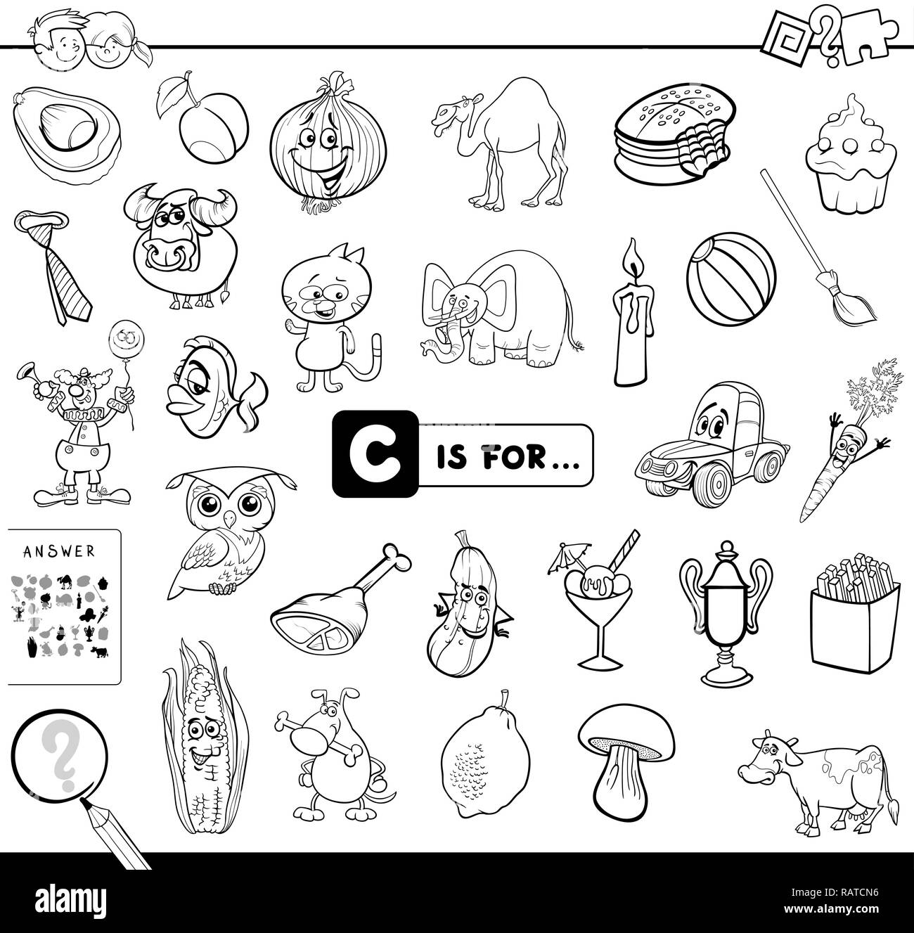 Black and white cartoon illustration of finding picture starting with letter c educational game workbook for children coloring book stock vector image art