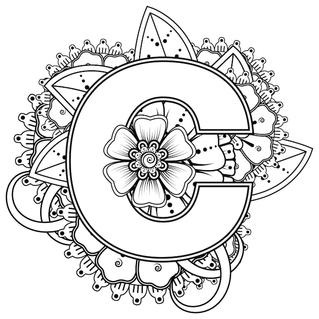Letra c hecha de flor en tilo mehndi para colorear ilustraciãn de vector de handdraw de contorno de pãgina de libro vector premium