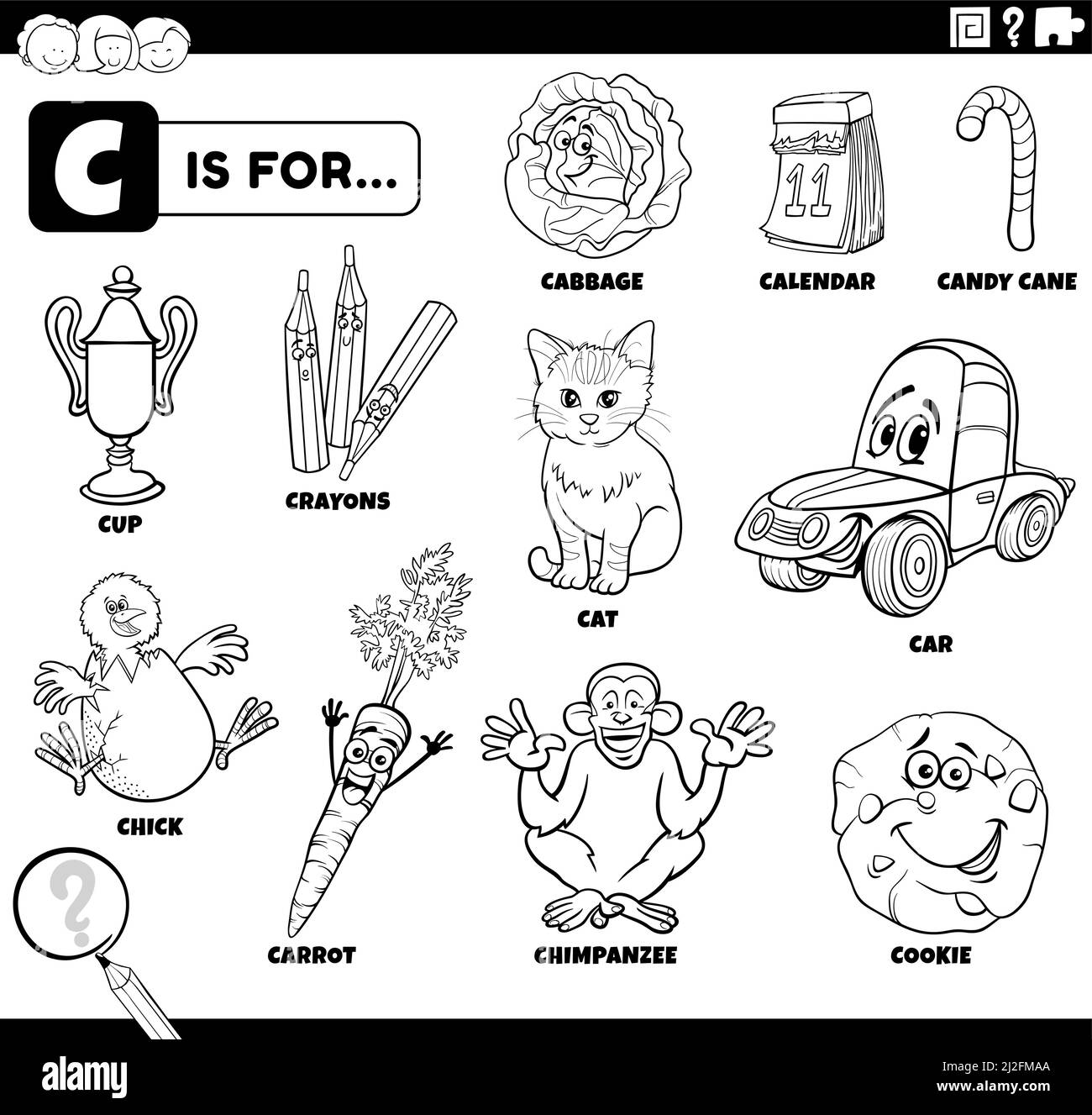 Black and white educational cartoon illustration of ic characters and objects starting with letter c set for children coloring book page stock vector image art