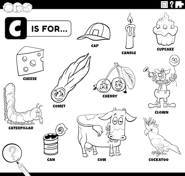 Premium vector cartoon characters and objects starting with letter c set coloring book page