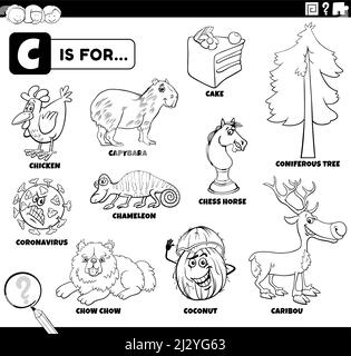Ilustraciãn de dibujos animados educativos en blanco y negro de personaj y objetos cãmicos que comienzan con la letra c para niãos colorear pãgina de libro imagen vector de stock