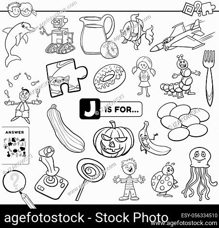 Black and white cartoon illustration of finding picture starting with letter j educational task foto de stock vector low budget royalty free pic y