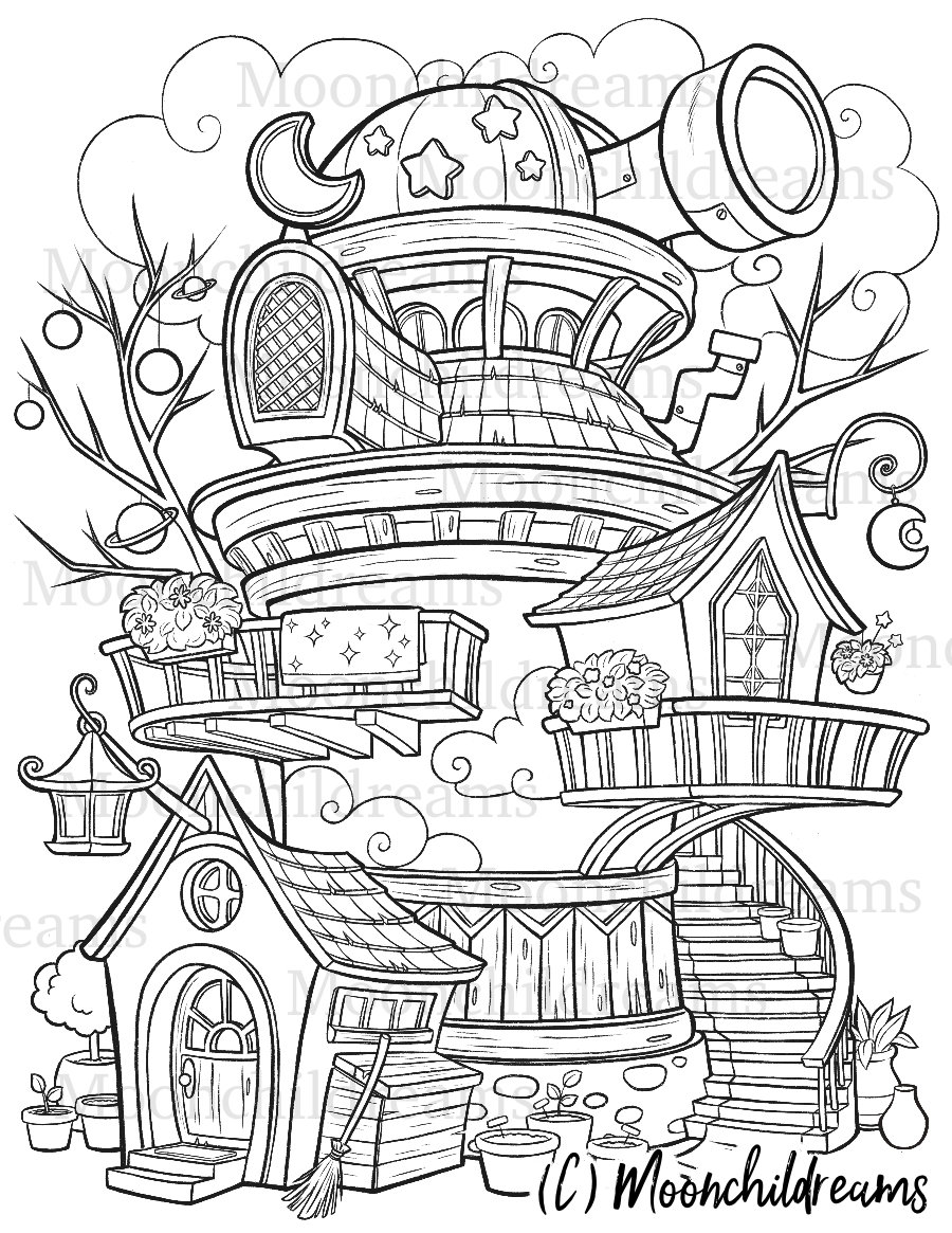 Cosmic witch house coloring page printable coloring page for