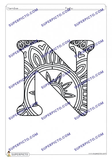 Ficha de mandala para colorear letra n lista para imprimir