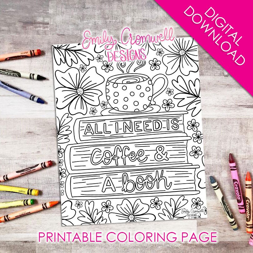 Coffee and a book coloring page jpeg digital download