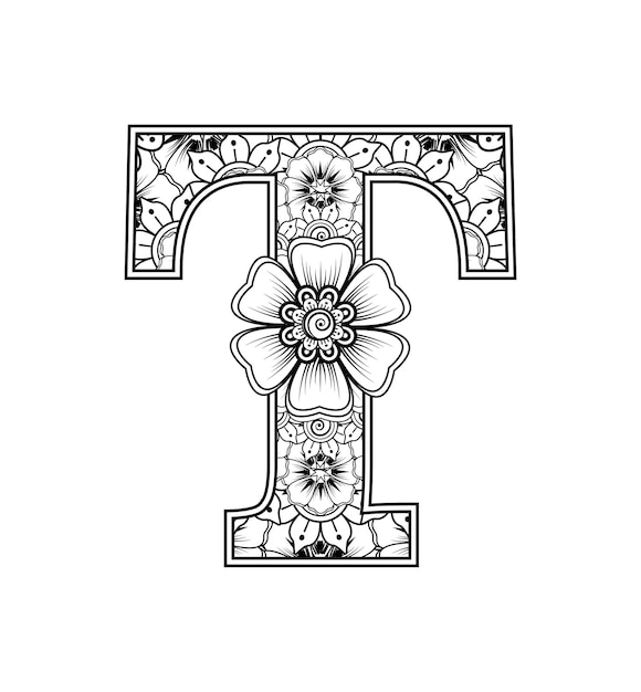 Letra t hecha de flor en tilo mehndi para colorear ilustraciãn de vector de handdraw de contorno de pãgina de libro vector premium