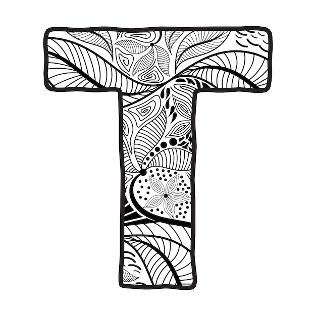 Premium vector hand drawn capital letter t in black coloring sheet for adults