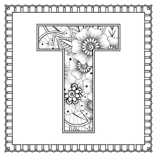 Letra t hecha de flor en tilo mehndi para colorear ilustraciãn de vector de handdraw de contorno de pãgina de libro vector premium