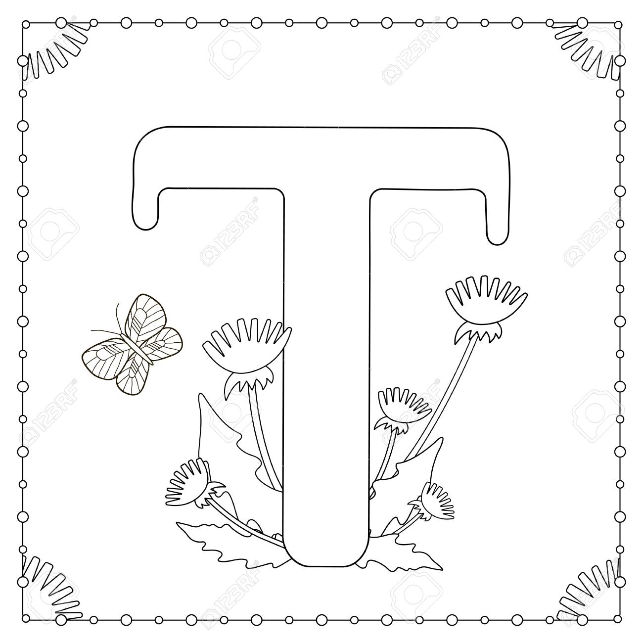 Alphabet coloring page capital letter t with flowers leaves and butterfly vector illustration royalty free svg cliparts vectors and stock illustration image