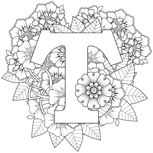 Letra t con adornos decorativos de flor mehndi en tilo ãtnico oriental pãgina de libro para colorear vector premium