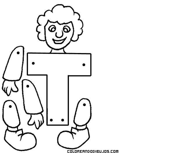 Letra t articulada para recortar y colorear marioneta actividades escolares payasos para colorear