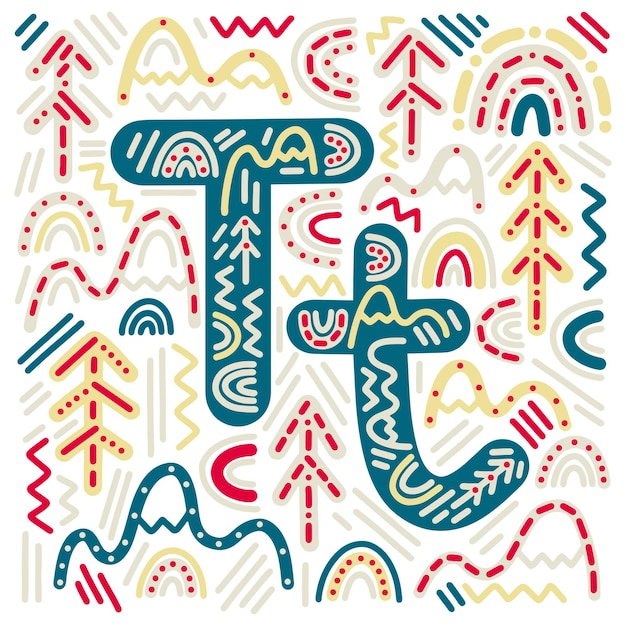 Conjunto de pegatinas vectorial candinavas de dibujos animados con la letra t del alfabeto para imprimir tarjetas de tudio textil vector premium