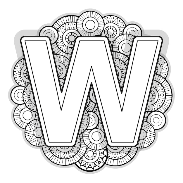 Vector pãgina para colorear para adultos contorno en blanco y negro letra mayãºscula en inglãs w sobre un fondo de mandala vector premium