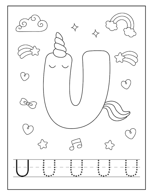 Premium vector unicorn alphabet coloring page for little students