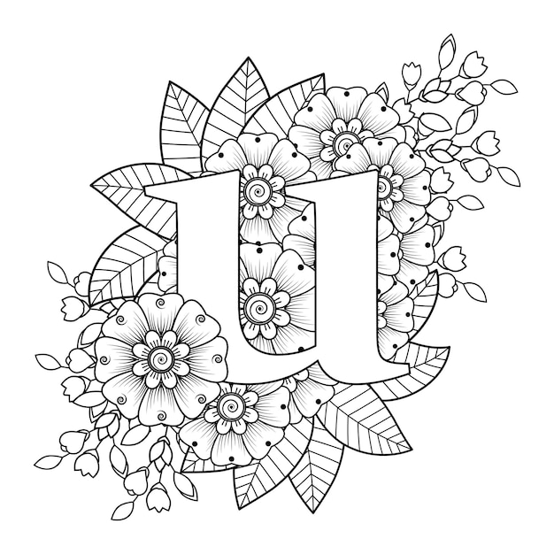 Premium vector letter u with mehndi flower decorative ornament in ethnic oriental style coloring book page