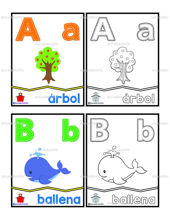 Spanish abc wall cards posters del abecedario en espaãol con letra dibujo y palabra color bn