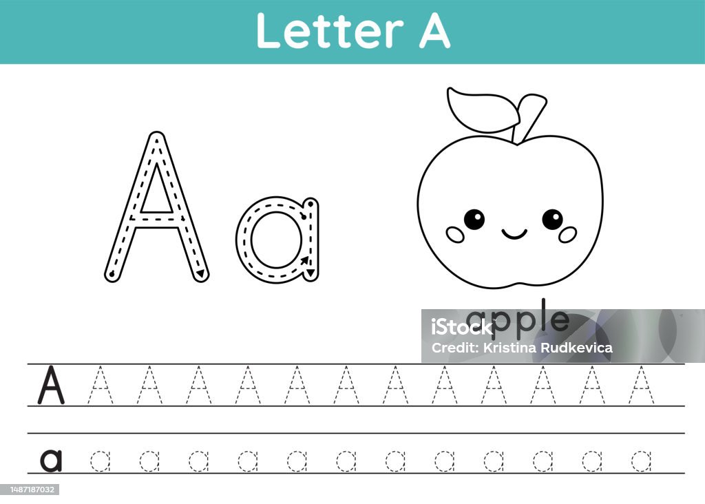 Alphabet abc az exercise coloring page trace letter a vocabulary for coloring book cute kawaii apple printable activity worksheet vector illustration stock illustration