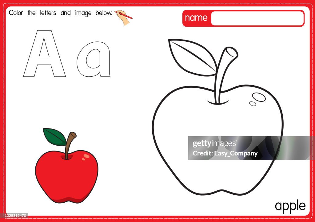 Vector illustration of kids alphabet coloring book page with outlined clip art to color letter a for apple high
