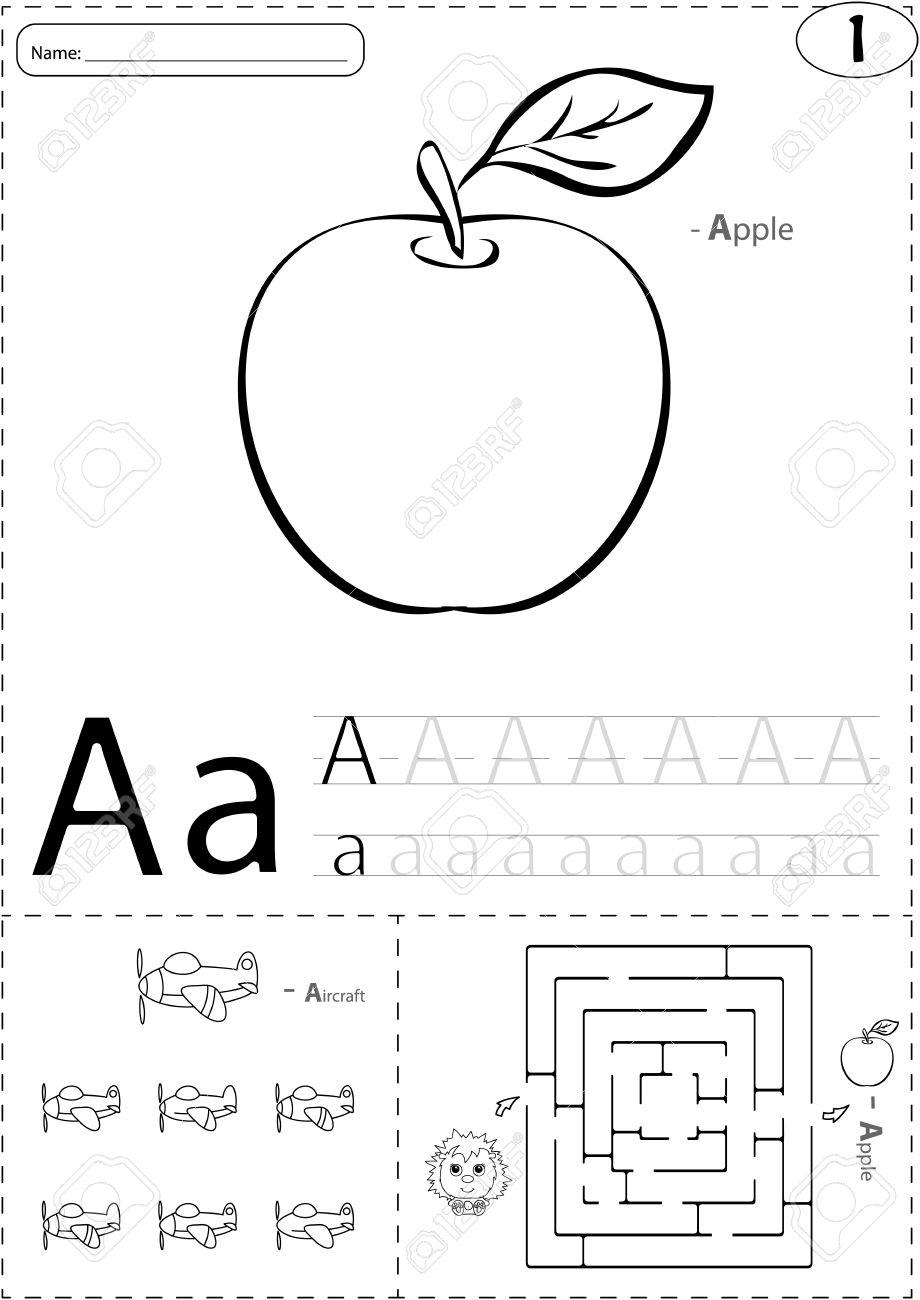 Cartoon apple and aircraft alphabet tracing worksheet writing a