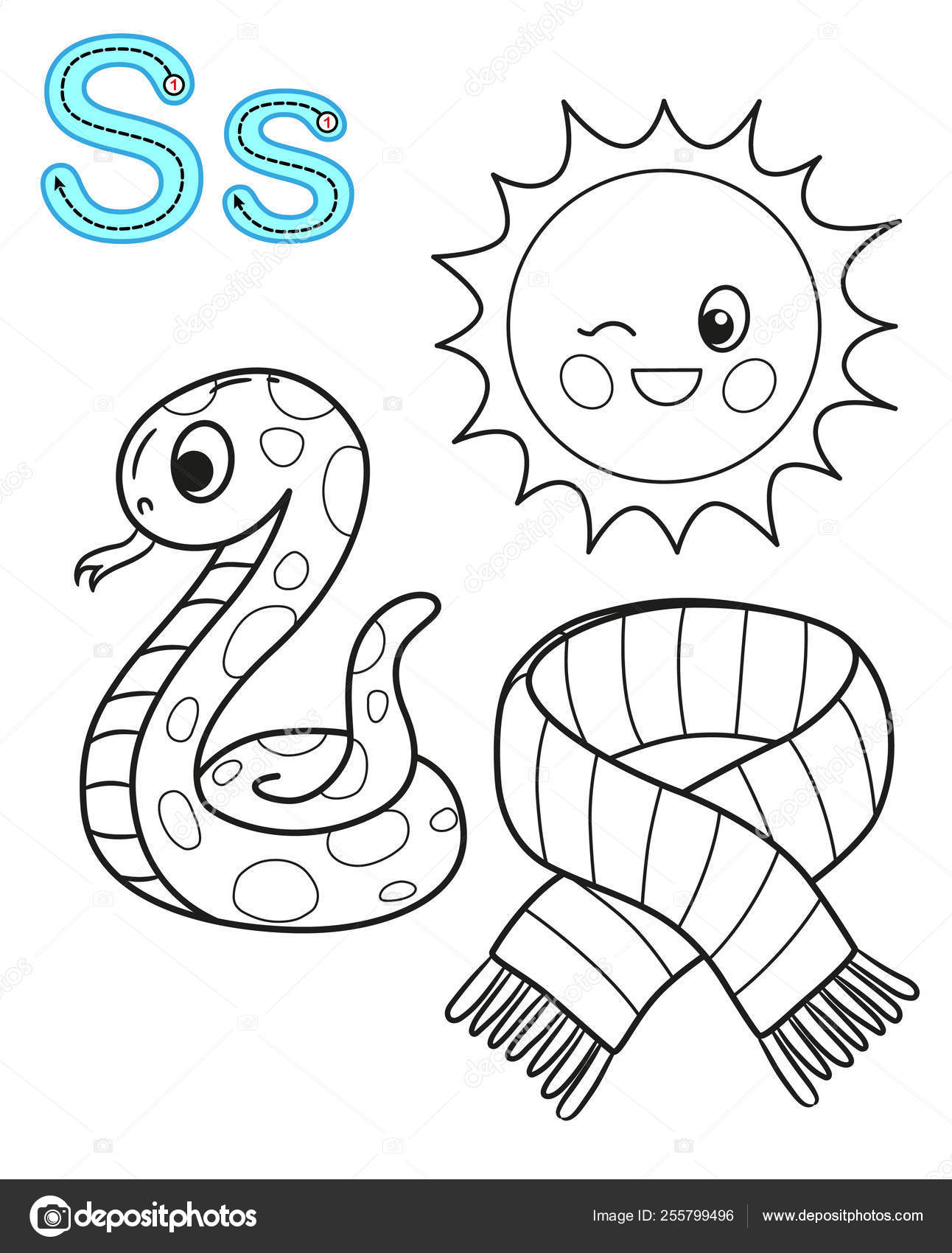 Printable coloring page for kindergarten and preschool card for study english vector coloring book alphabet letter s scarf snake sun stock vector by natasha