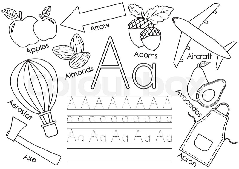 Letter a learning english alphabet with pictures and writing practice for children coloring book vector illustration stock vector