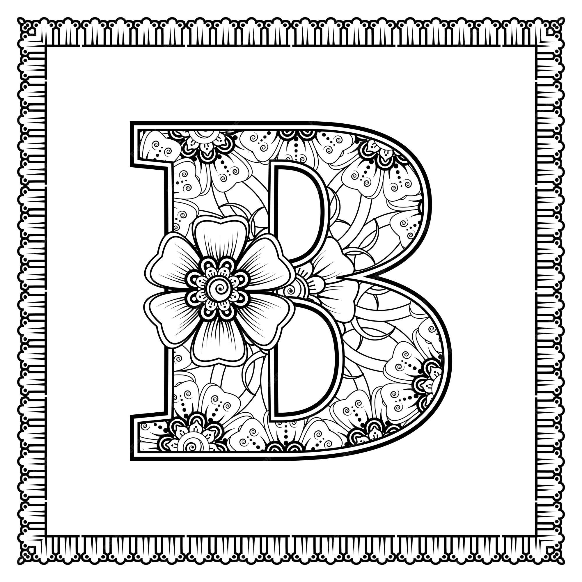 Premium vector letter b made of flowers in mehndi style coloring book page outline handdraw vector illustration