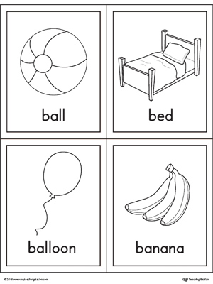 Free letter b words and pictures printable cards ball bed balloon banana