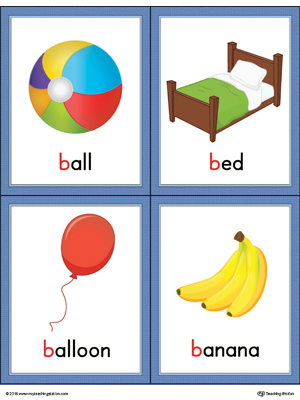 Free letter b words and pictures printable cards ball bed balloon banana color
