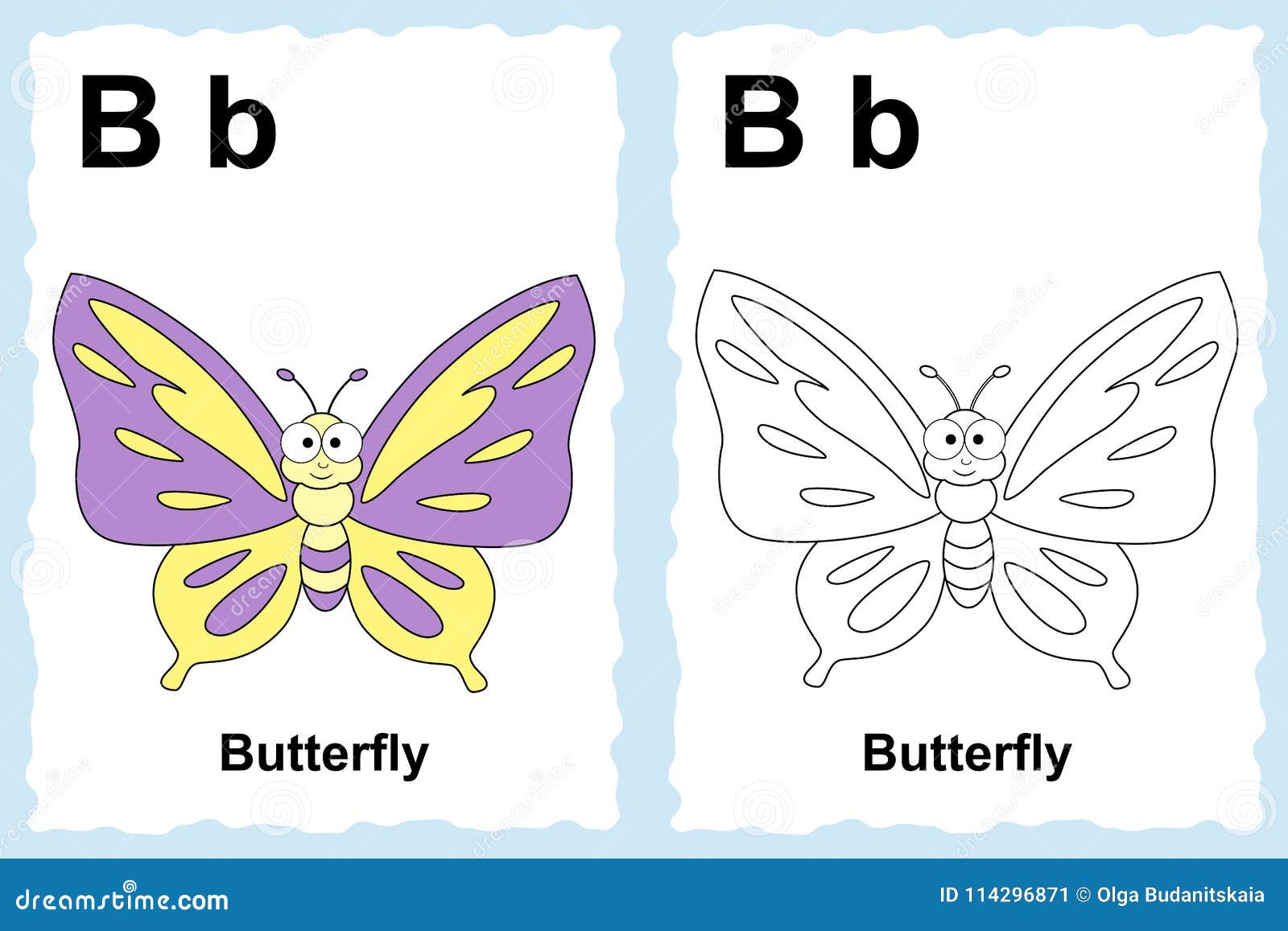 Alphabet coloring book page with outline clip art to color letter b butterfly vector animals stock vector