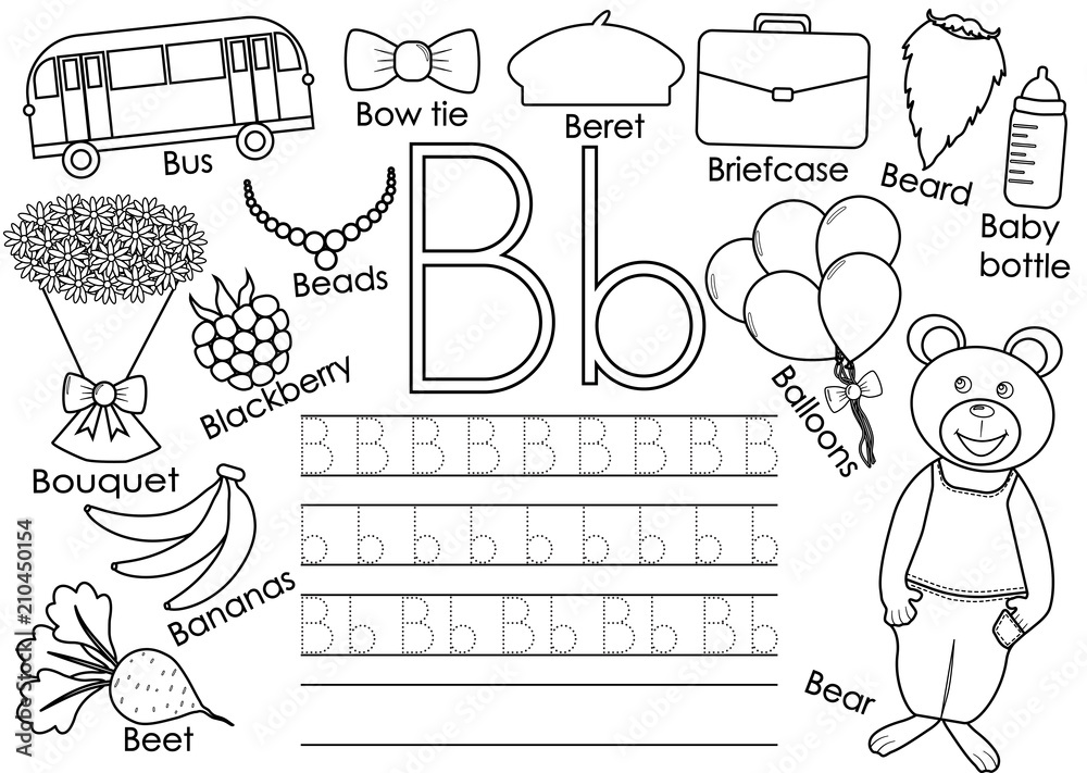 Letter b english alphabet writing practice for children educational game coloring book vector illustration vector