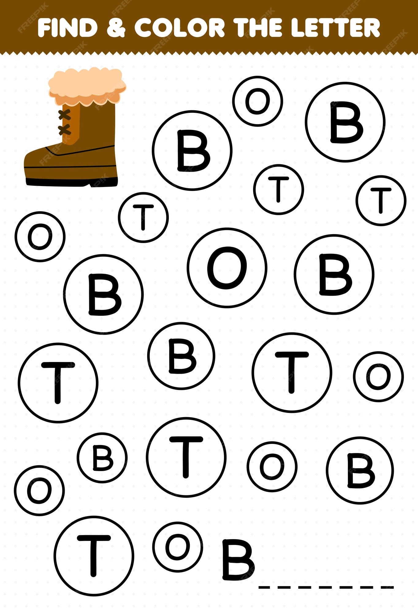 Premium vector education game for children find and color letter b for boot printable winter worksheet