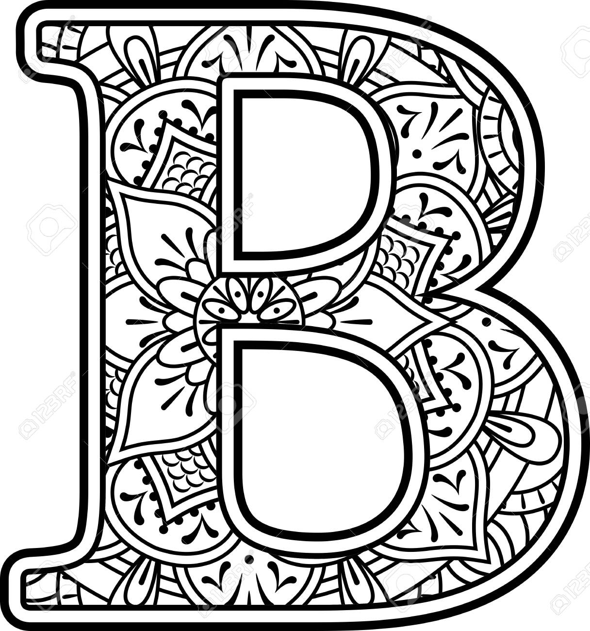 Initial b in black and white with doodle ornaments and design elements from mandala art style for coloring isolated on white background royalty free svg cliparts vectors and stock illustration image