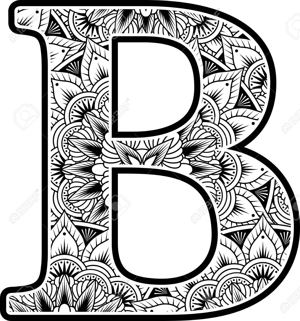 Capital letter b with abstract flowers ornaments in black and white design inspired from mandala art style for coloring isolated on white background royalty free svg cliparts vectors and stock illustration image
