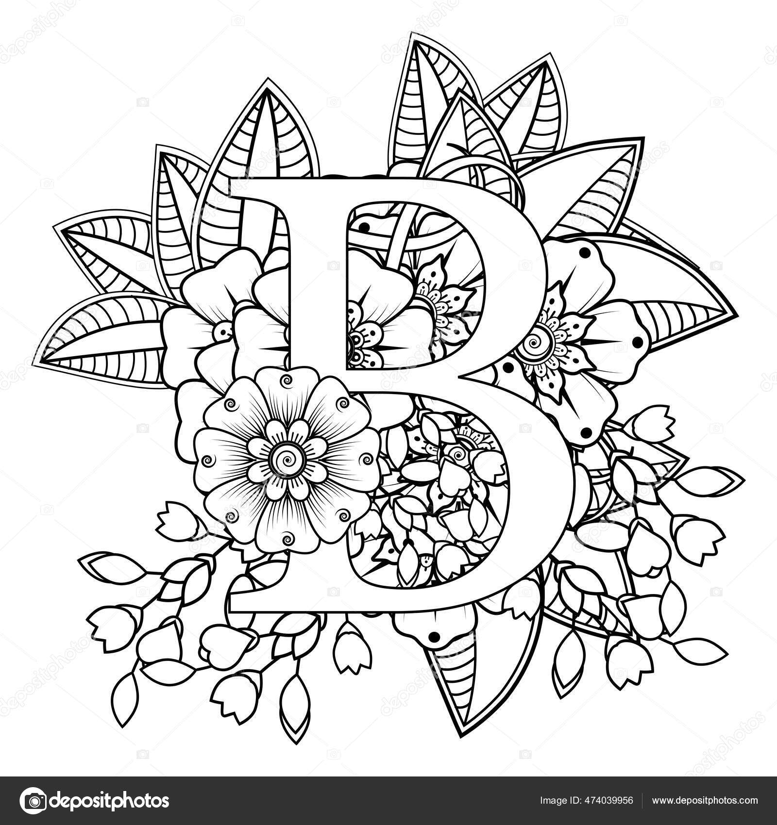 Letter mehndi flower decorative ornament ethnic oriental style coloring book stock vector by rezifazriyanto